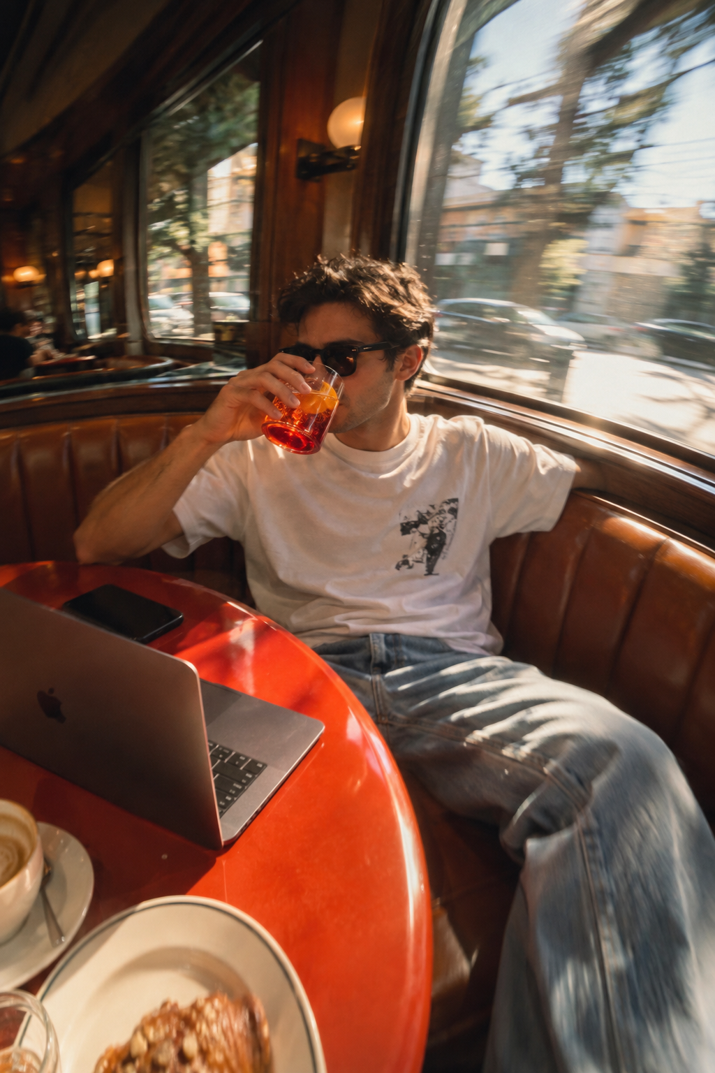 Un hombre disfruta de una bebida junto a la ventana de una cafetería, con su computadora sobre la mesa.