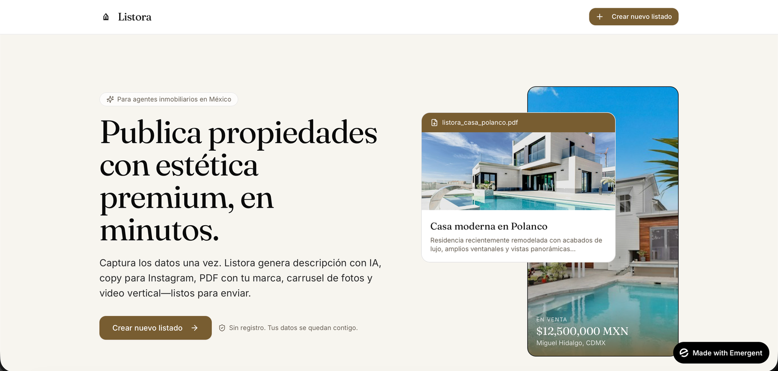 Captura de LISTORA: Real estate content engine.